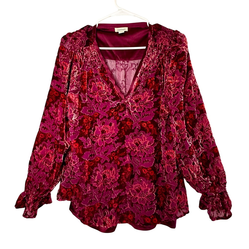Sundance Blouse Womens S Magenta Floral Velvet Burnout Smocked Boho Whimsigoth